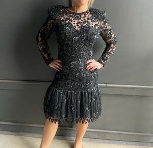 VTG 80s Judith Ann Creations Bead & Sequin Black Drop Waist Cocktail Dress Sz Sm
